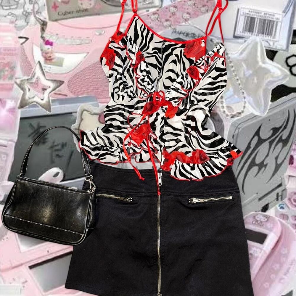 VVINTAGE Y2K Shirley of Hollywood Micro Mesh Zebra Red Rose Front Tie Cami